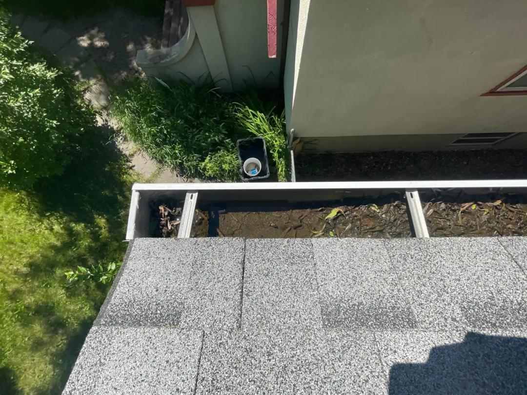 Flushing the gutter run toward the downspout