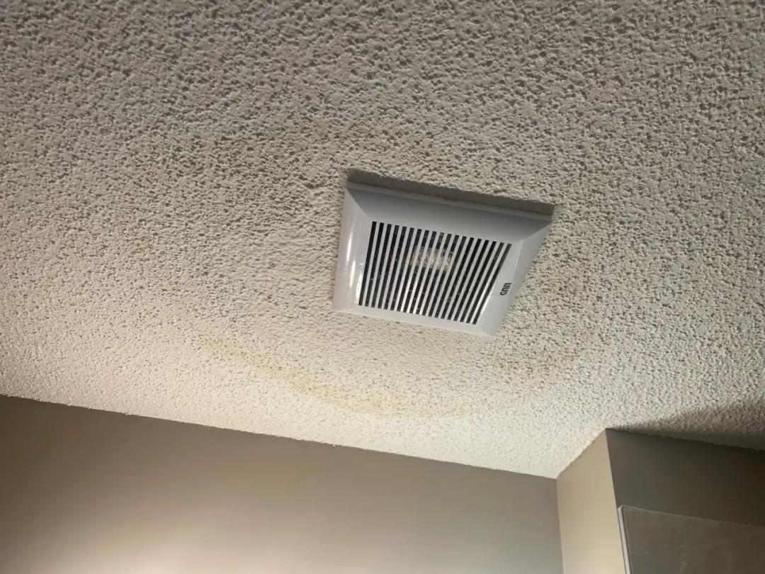 The interior bathroom vent showing water damage
