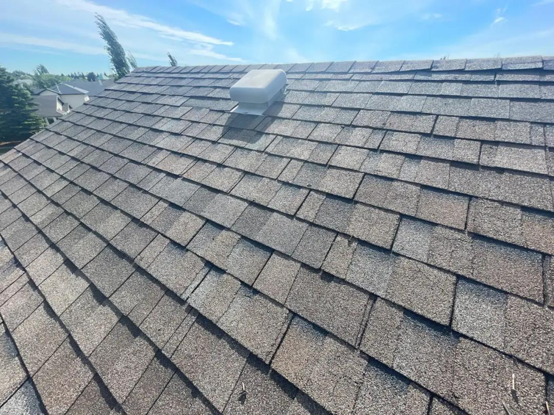 Repaired shingle section blended into the roof